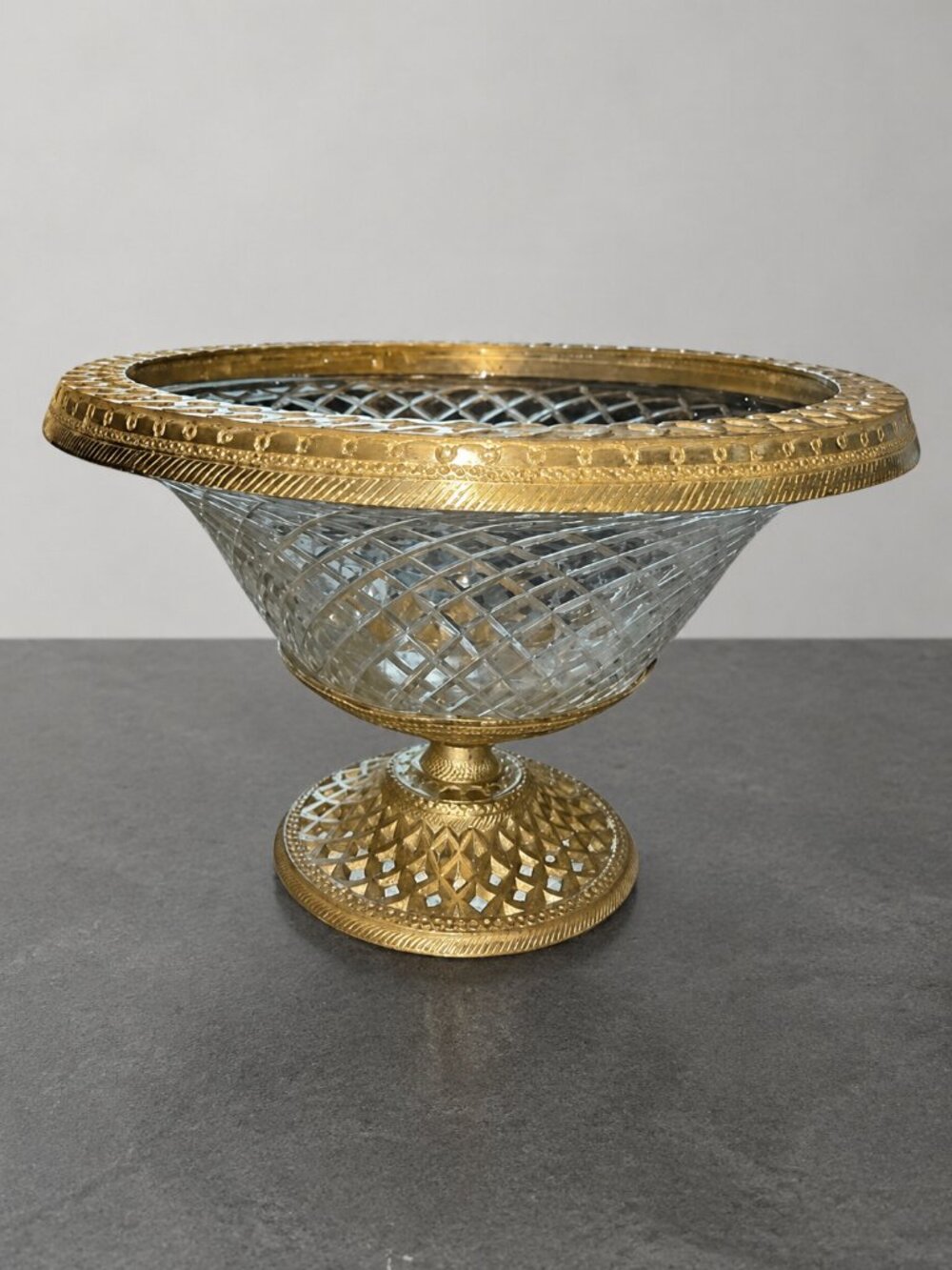 Vintage Brass & Cut Glass Pedestal Compote Bowl by Paradigm, India – 5.5” Tall